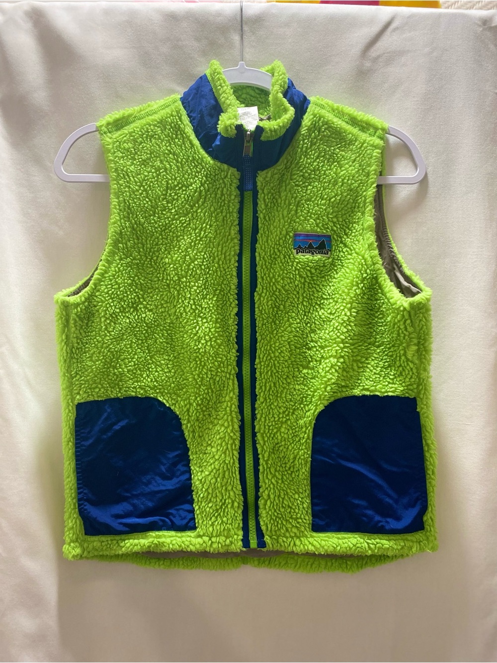 Patagonia Kids Fleece Vest Green/Blue Full Zip Pockets Logo Size Large (12)